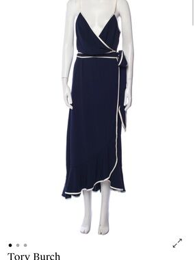 Tory Burch Navy Wrap Midi Dress with Ivory Trim Accents